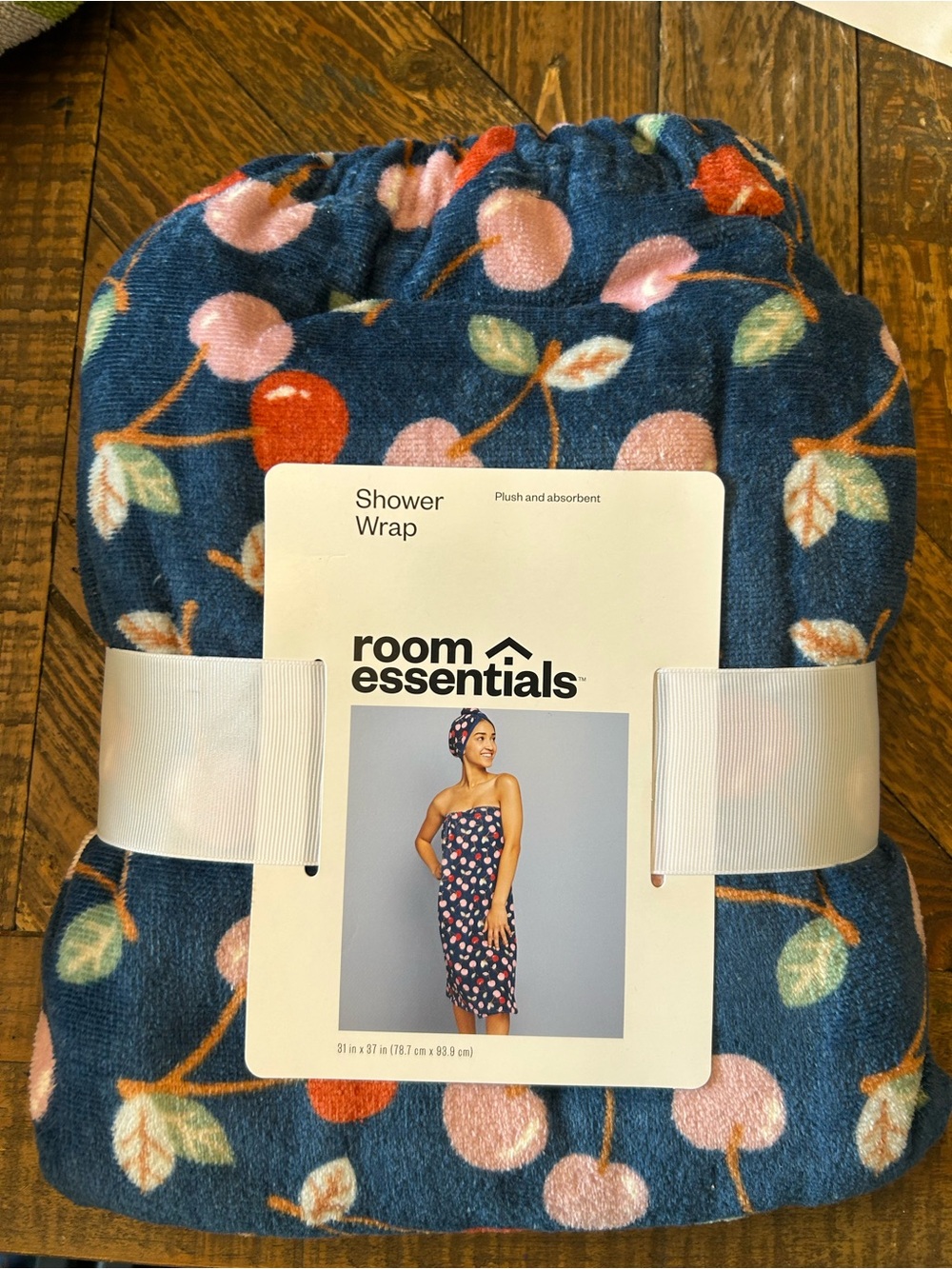Room Essentials Navy Shower Wrap with Pink & Red Cherry Print